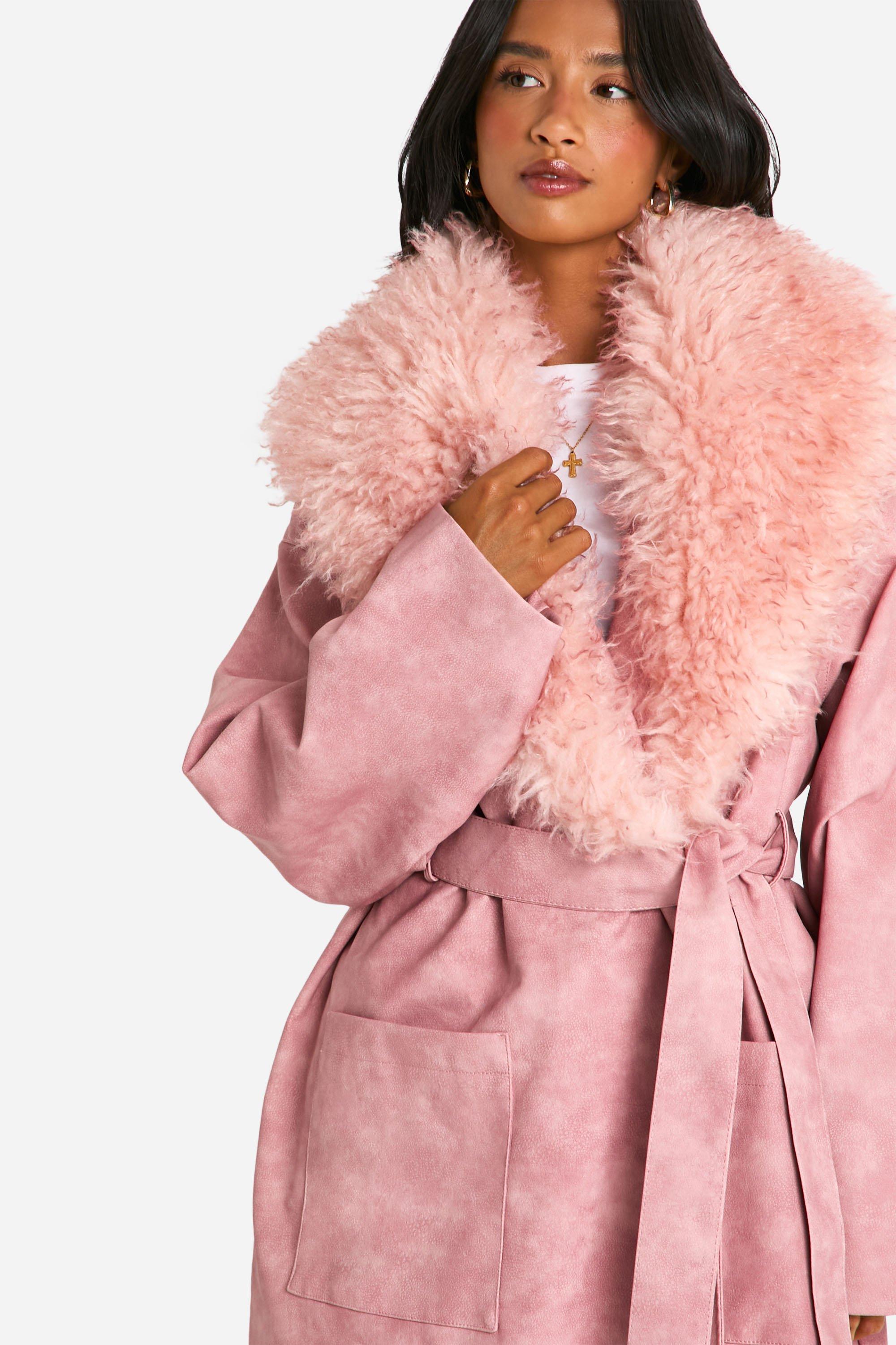 boohoo Petite Faux Fur Collar Vintage Look Faux Leather Trench Coat Pink Size 4